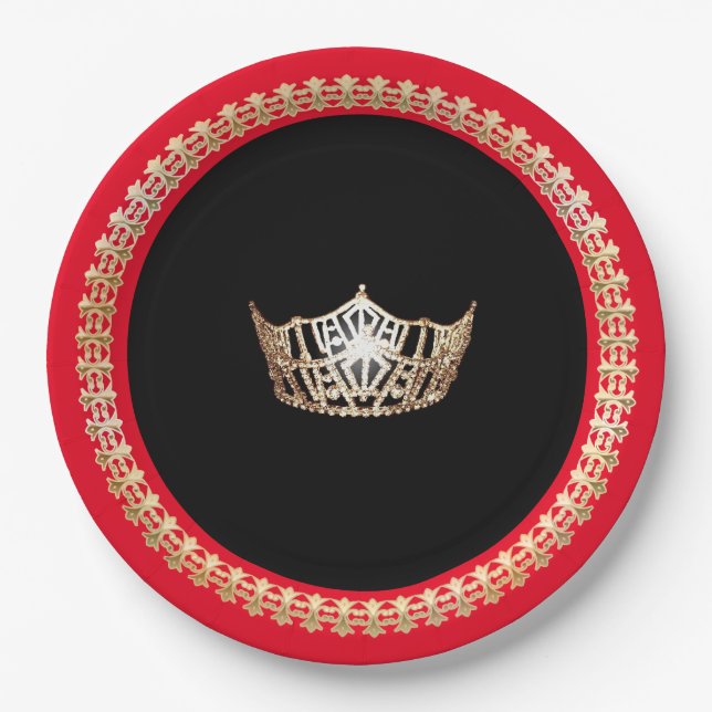 Miss America Red Gold Crown 9" Paper Plates (Front)