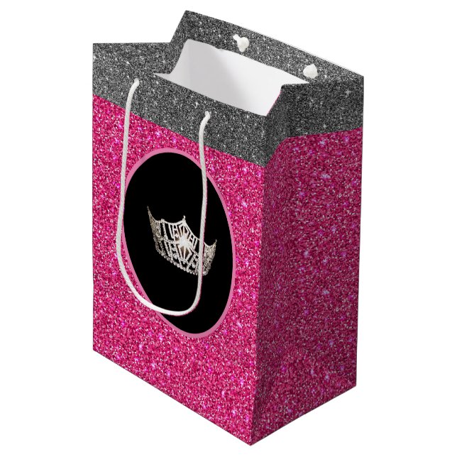 Miss America Silver Crown Pink FX GlitterGift Bag (Front Angled)