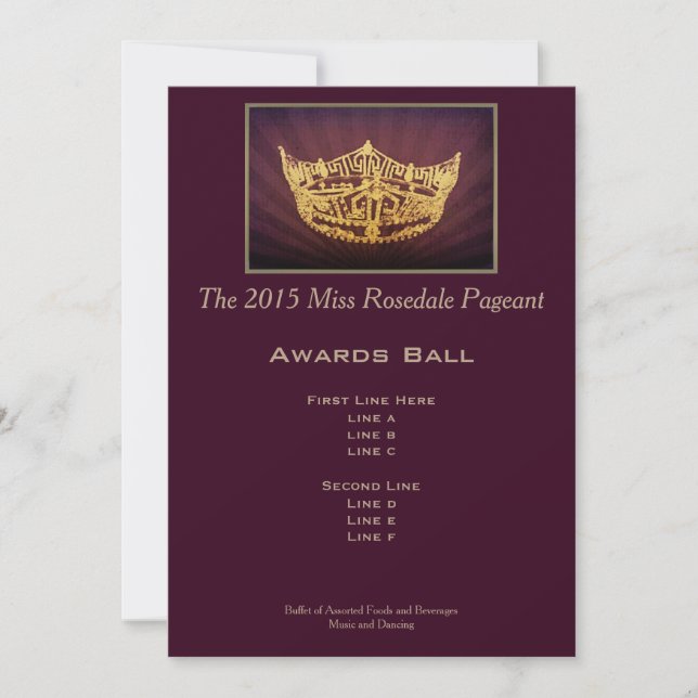 Miss America style Gold Crown Awards Ball Card (Front)
