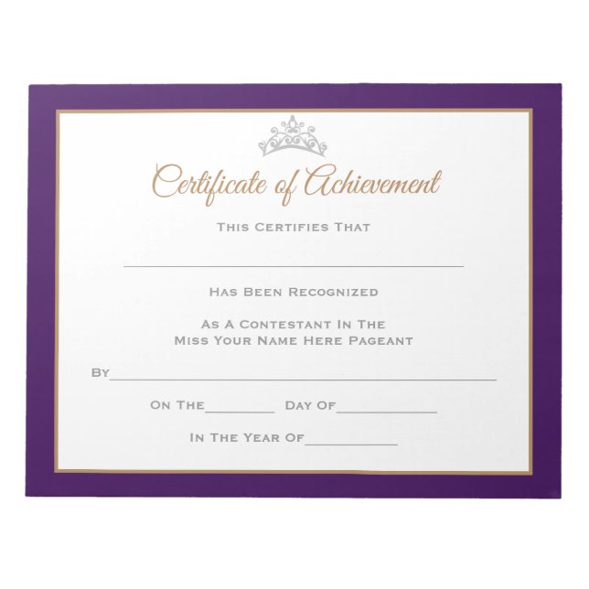 Miss America style Pageant Certificates-Achievmnt Notepad (Front)