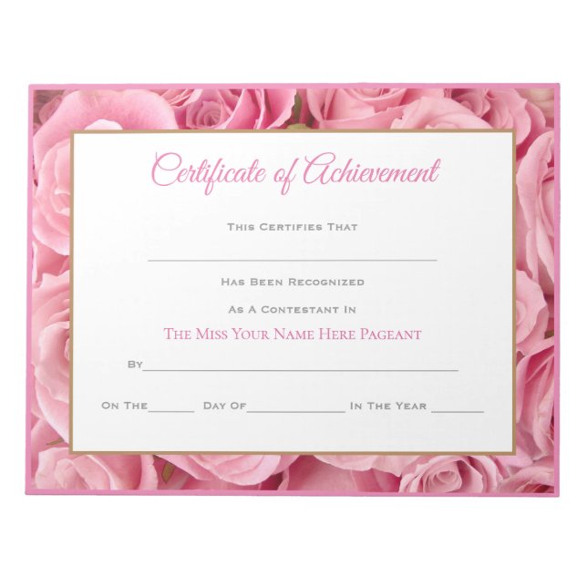 Miss America style Pageant Certificates-Achievmnt Notepad (Front)