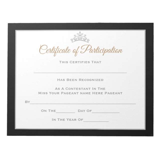 Miss America style Pageant Certificates-Particptn Notepad (Front)