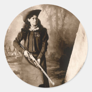 Miss Annie Oakley with Gun, Vintage Photo Portrait Classic Round Sticker