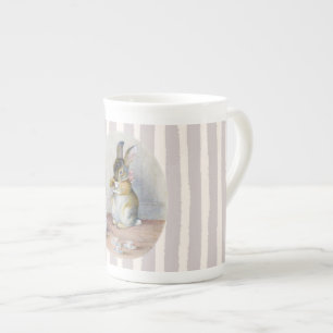 Miss Bunny Drinking Tea on Stripes Bone China Mug