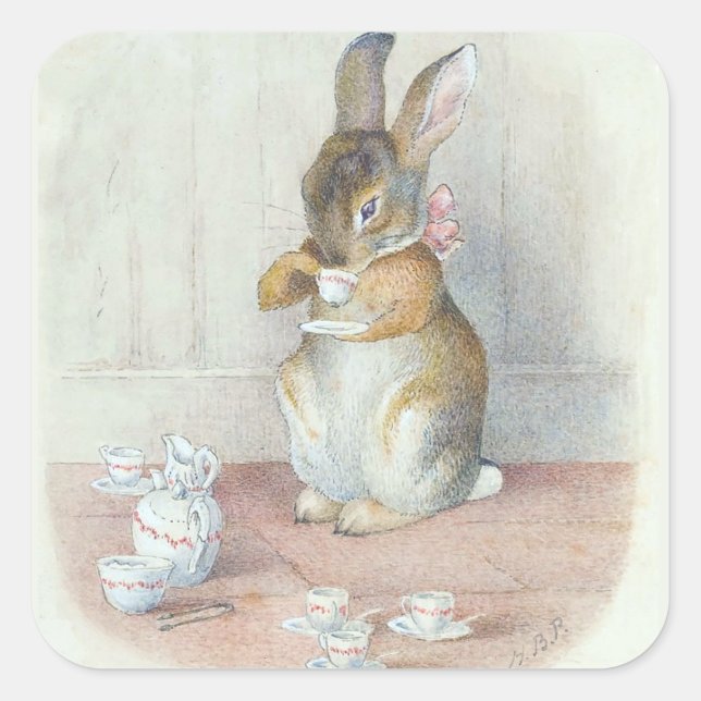Miss Bunny Drinking Tea Square Sticker (Front)