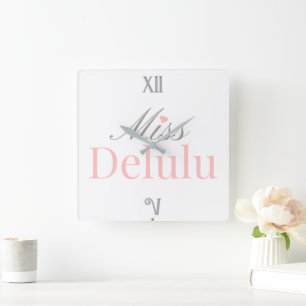Miss Delulu – Pink and Grey Home Decor Square Wall Clock