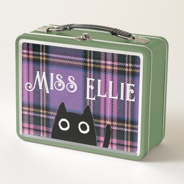 Miss Ellie and Cat Purple Plaid/Green Lunchbox (Front)