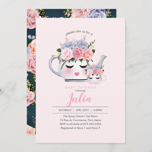 Miss Eyelashes Teapot Mum Baby Floral Baby Shower Invitation (Front/Back)
