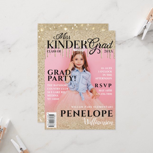 Miss Kinder Grad Gold Glitter Drip Magazine Cover Invitation (Front/Back In Situ)