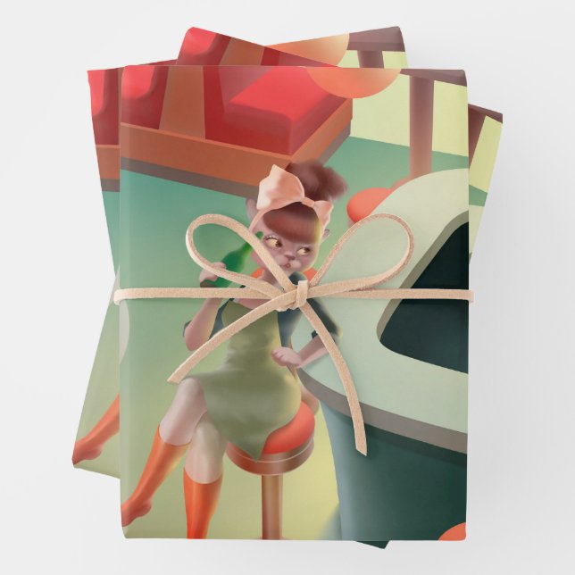 Miss Meow – Late Night Bar Series Wrapping Paper Sheet (In situ)