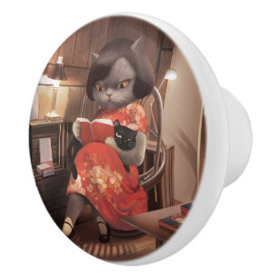 Miss Meow – Vintage Cat Reading Time Ceramic Knob