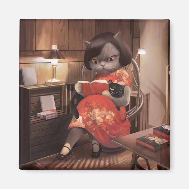 Miss Meow – Vintage Cat Reading Time Magnet (Front)