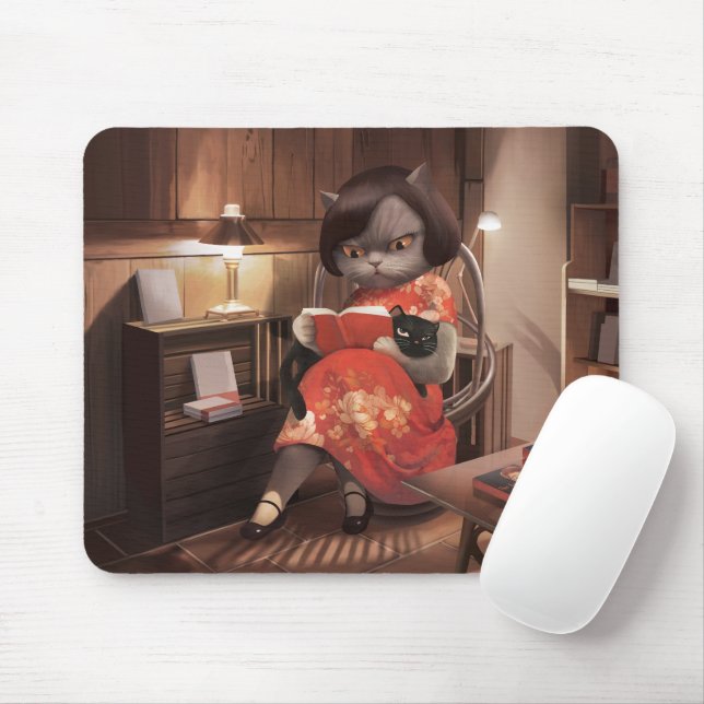 Miss Meow – Vintage Cat Reading Time Mouse Mat (With Mouse)