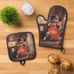 Miss Meow – Vintage Cat Reading Time Oven Mitt & Pot Holder Set