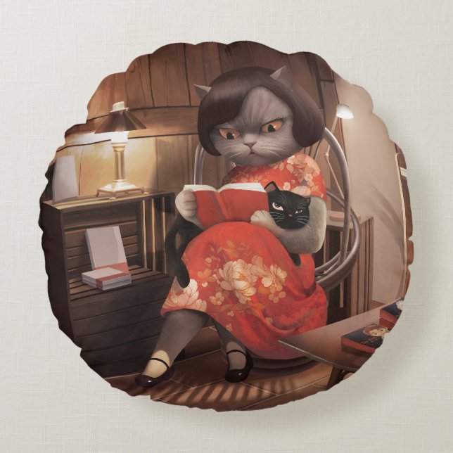 Miss Meow – Vintage Cat Reading Time Round Cushion (Front)