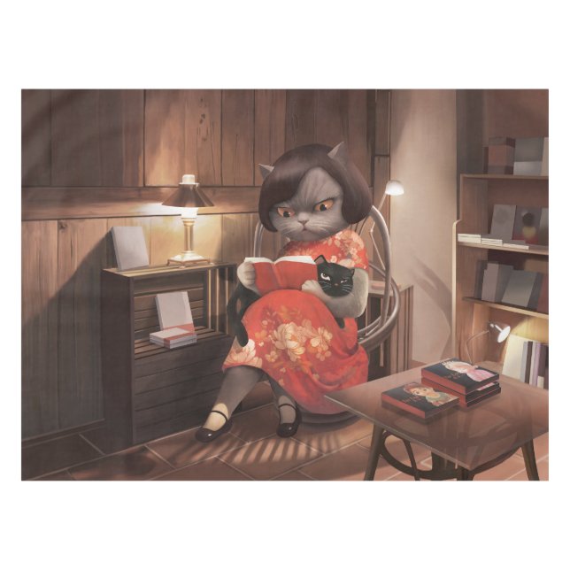 Miss Meow – Vintage Cat Reading Time Tablecloth (Front (Horizontal))