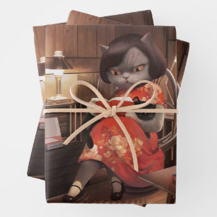 Miss Meow – Vintage Cat Reading Time Wrapping Paper Sheet