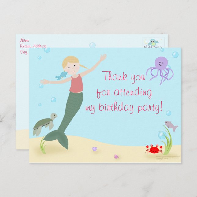 Miss Mermaid Party Thank You Postcard (Front/Back)