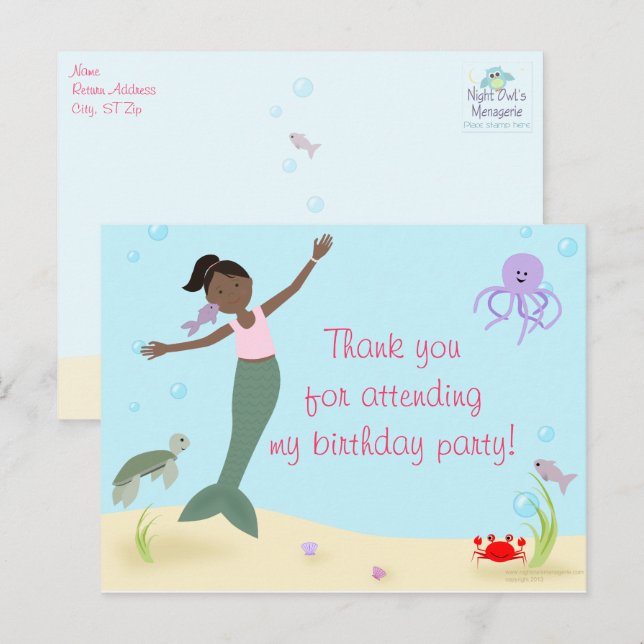Miss Mermaid Party Thank You Postcard (Front/Back)