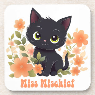 Miss Mischief Black Kitten Kawaii Chibi Coaster