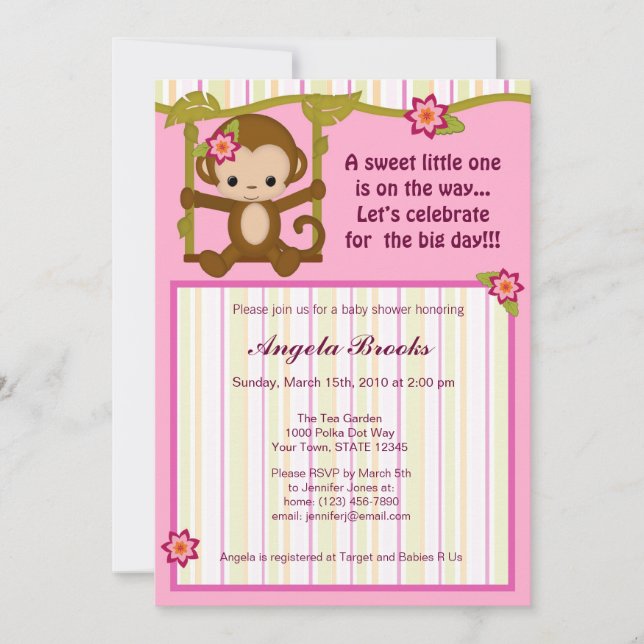 Miss Monkey Baby Shower Invitations Girl (Front)