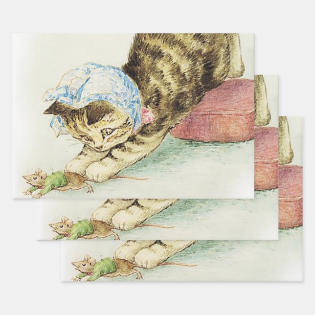 “Miss Moppet Chases a Mouse” by Beatrix Potter Wrapping Paper Sheet (Set)