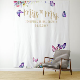 Miss Mrs Boho Butterfly Wildflower Bridal Backdrop Tapestry