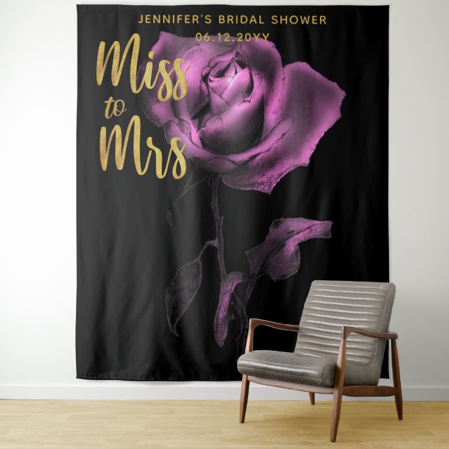 Miss Mrs Moody Purple Rose Dark Bridal Backdrop Tapestry (In Situ)
