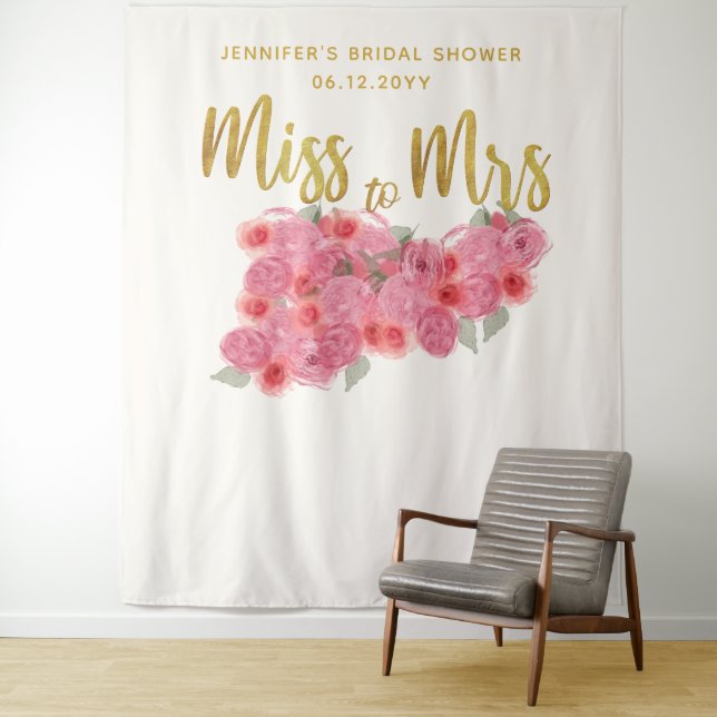 Miss Mrs Wall of Roses Boho Chic Bridal Backdrop Tapestry (In Situ)