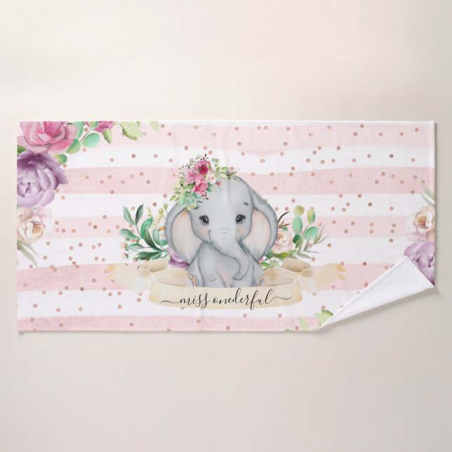 Miss Onederful - Baby Elephant and Flowers Bath Towel (Bath Towel)