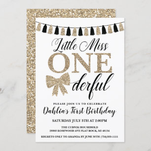 Miss Onederful Birthday Invite, Black and Gold Invitation