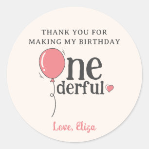 Miss Onederful Birthday Pink Balloon Thank You Classic Round Sticker