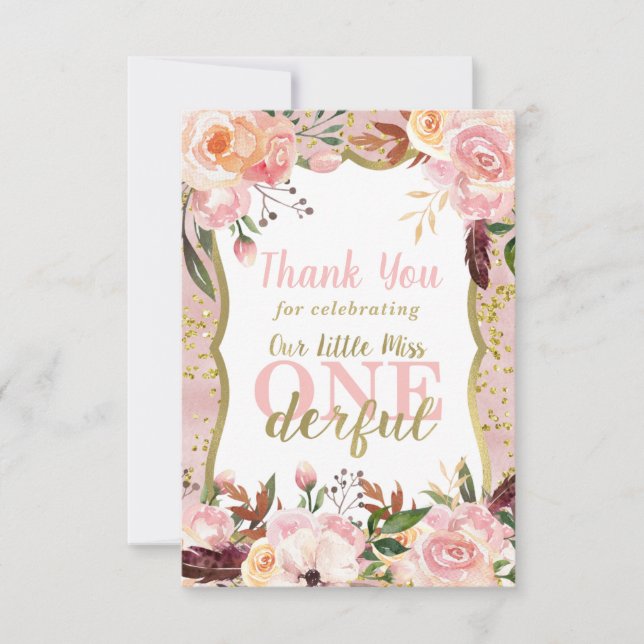 Miss ONEderful Birthday Thank You Card, Boho, Gold Card (Front)