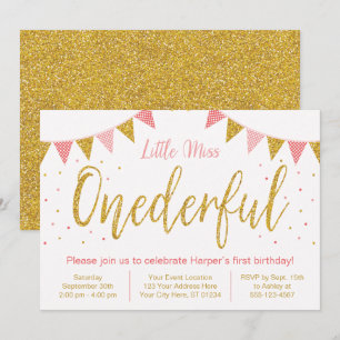 Miss Onederful Blush Pink & Glitter 1st Birthday Invitation