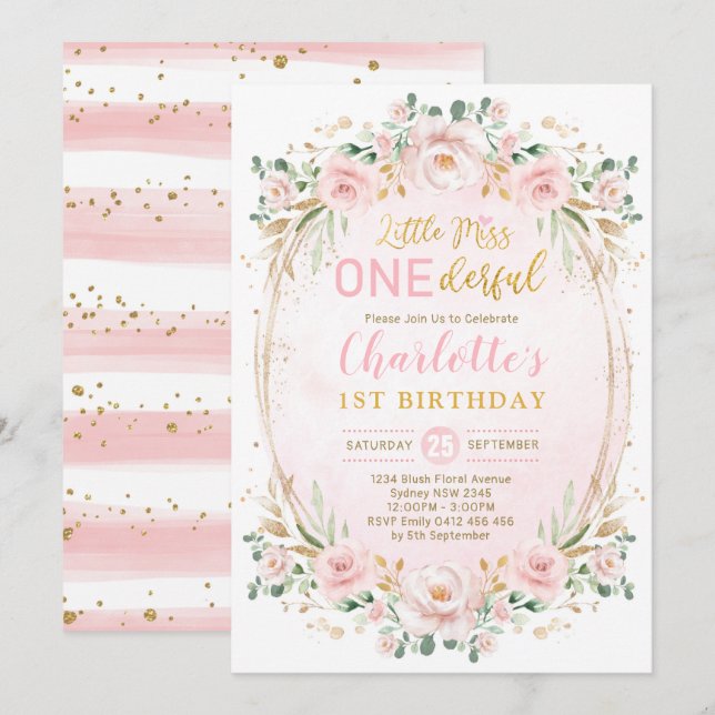 Miss ONEderful Blush Pink Gold Floral 1st Birthday Invitation (Front/Back)