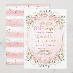 Miss ONEderful Blush Pink Gold Floral 1st Birthday Invitation