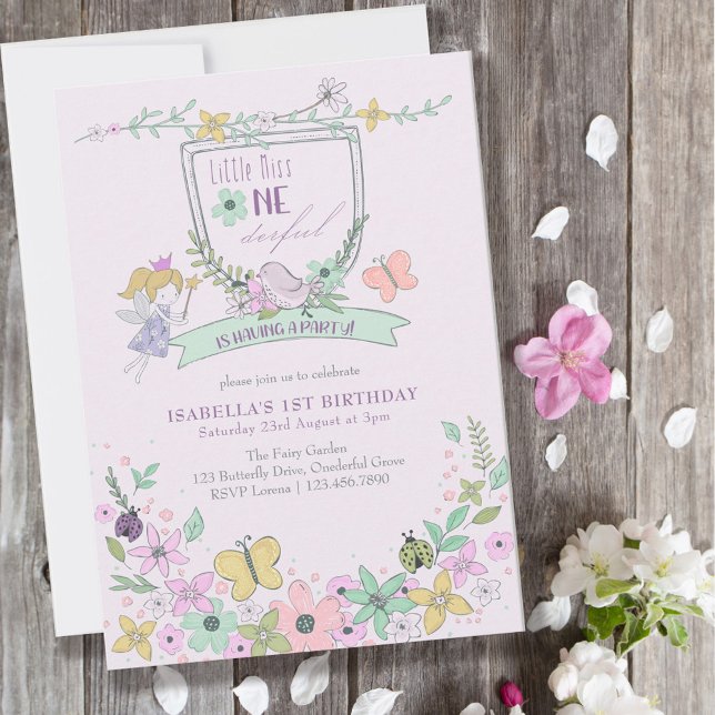Miss Onederful Cute Fairy Garden Girl 1st Birthday Invitation (Creator Uploaded)