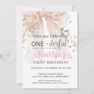 Miss Onederful Girl Pink Bow Floral 1st Birthday Invitation