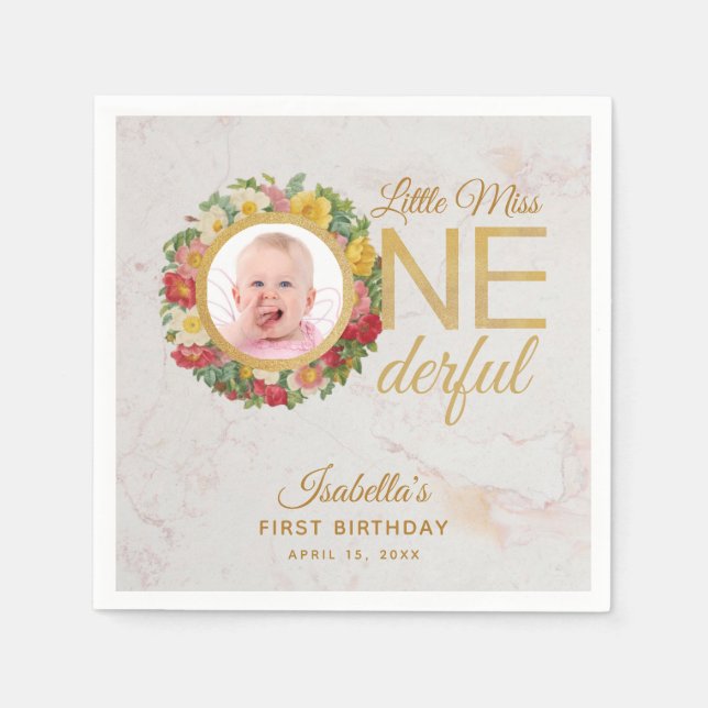Miss Onederful Photo Floral Wreath First Birthday Napkin (Front)