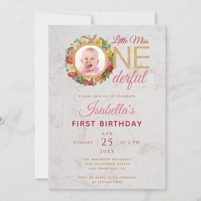 Miss Onederful Photo in Rose Wreath First Birthday Invitation (Front)