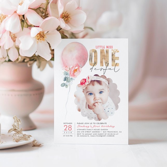 Miss Onederful Pink Balloon 1st Birthday Photo Invitation (Little Miss Onederful Birthday Invitations)