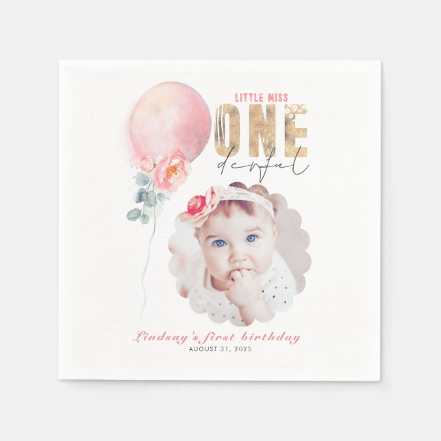 Miss Onederful Pink Balloon 1st Birthday Photo Napkin (Front)