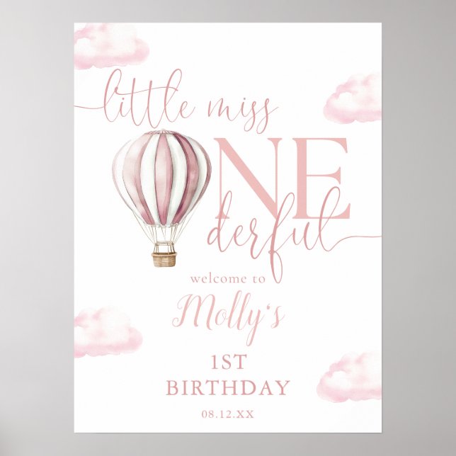 Miss Onederful Pink Balloon 1st Birthday Welcome  Poster (Front)