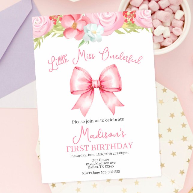 Miss Onederful Pink Bow First Birthday Invitation (Creator Uploaded)