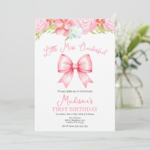 Miss Onederful Pink Bow First Birthday Invitation