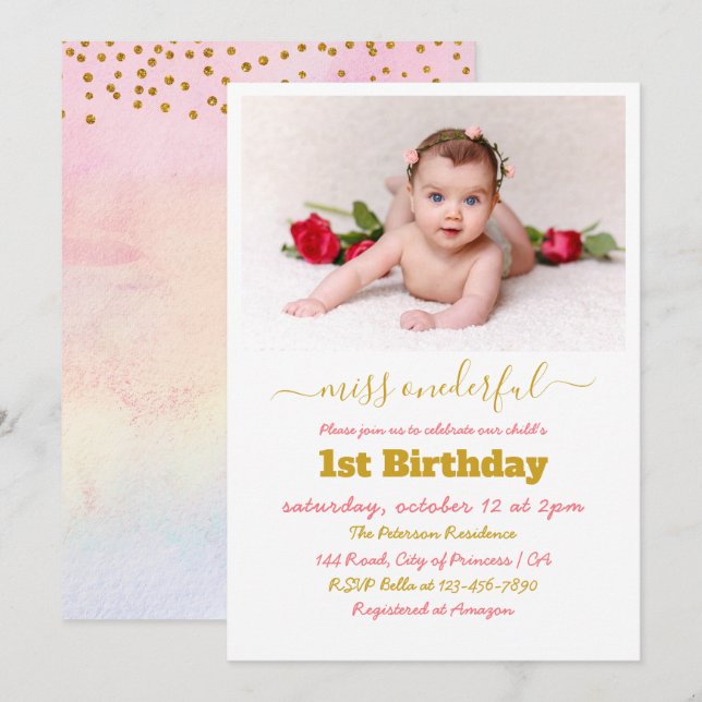 Miss Onederful Simple Photo 1st Birthday Invitation (Front/Back)