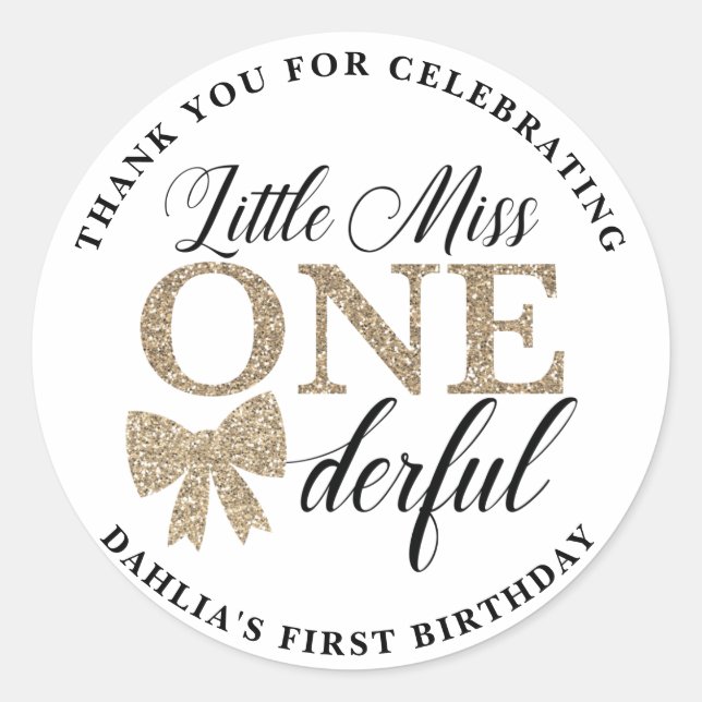 Miss Onederful Stickers, Black and Gold Classic Round Sticker (Front)