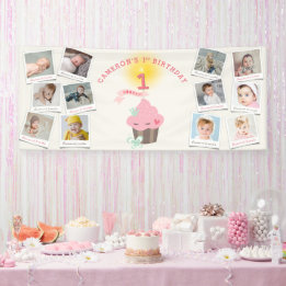 Miss Pink Cupcake 12 Photo Girl 1st Birthday Party Banner