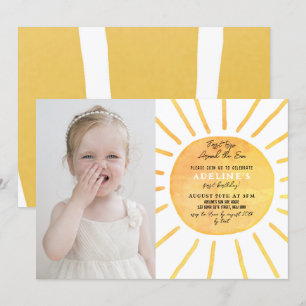 Miss Sunshine Watercolor 1st Birthday Photo  Invitation
