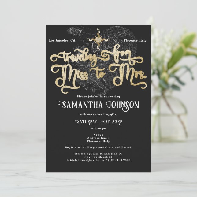 Miss to Mrs Black ♥ Heart Map Travel Bridal Shower Invitation (Standing Front)